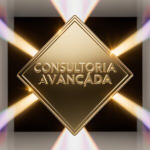 Brasão em ouro com luzes refletidas com as palavras "Consutloria Avançada"