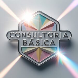 Brasão em prata com cores pastel reluzindo com as palavras "Conultoria Básica"