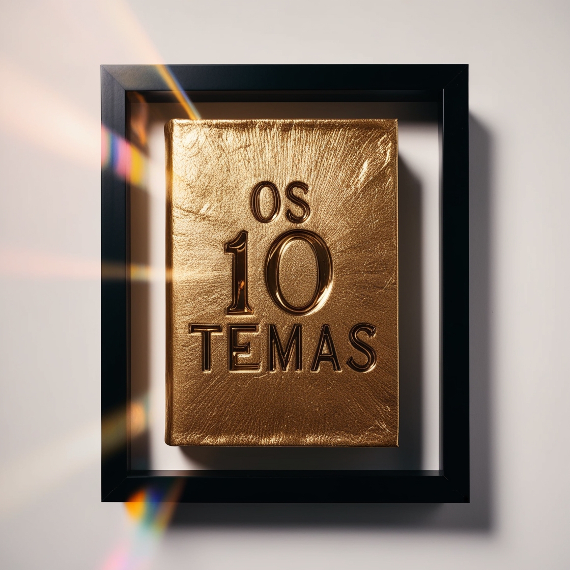 Capa de livro em ouro emoldurada com luzes refletindo com o título "Os 10 Temas"